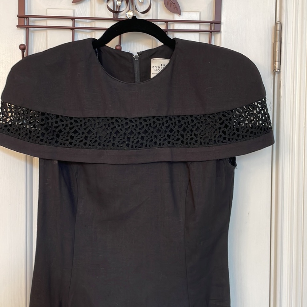 Cynthia Howie Vintage Black Linen Dress w/ Unique Embroidery & Front